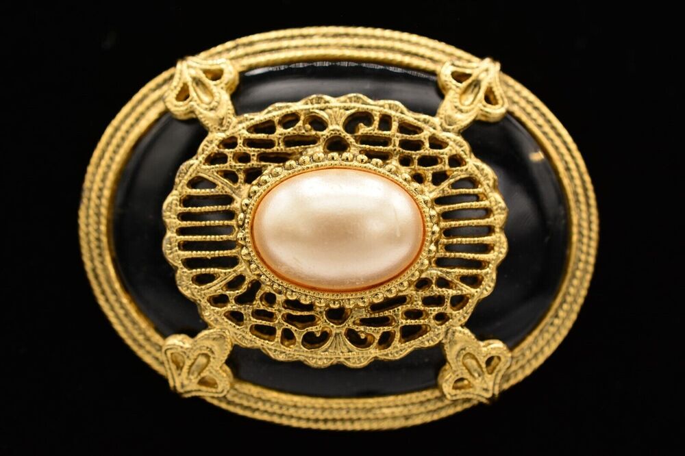 1928 Vintage Clear Lucite Pearl Pin Brooch Oval Antiqued Gold Chunky 1980s BinAL